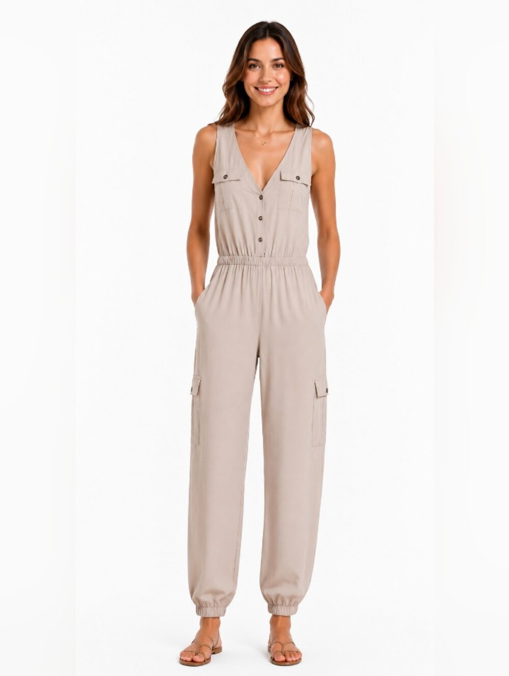 Sleeveless V-Neck Cargo Jumpsuit in Taupe